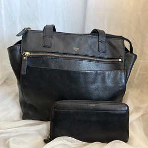 Black Leather Fiona Fossil Tote/Handbag and Matching Wallet